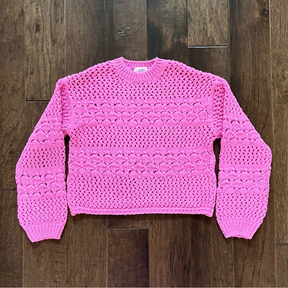 Zara Girls Bright Pink kids Open Knit cropped Crewneck Sweater 10/12 13/14 - Picture 12 of 17